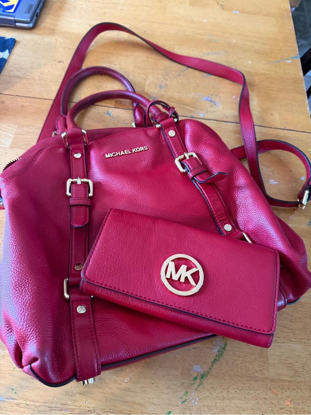 Michael Kors Red Leather Shoulder Bag with Matching Wallet